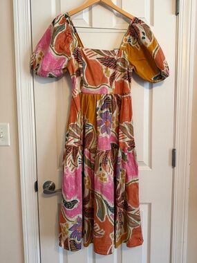 Crystal Sky Vibrant Floral Puff Sleeve Midi Dress - Pink & Mustard Size Medium